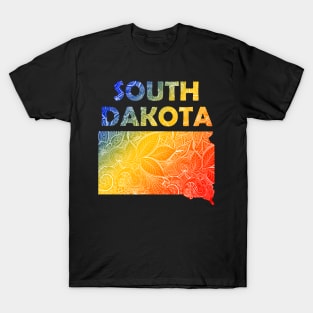 Colorful mandala art map of South Dakota with text in blue, yellow, and red T-Shirt